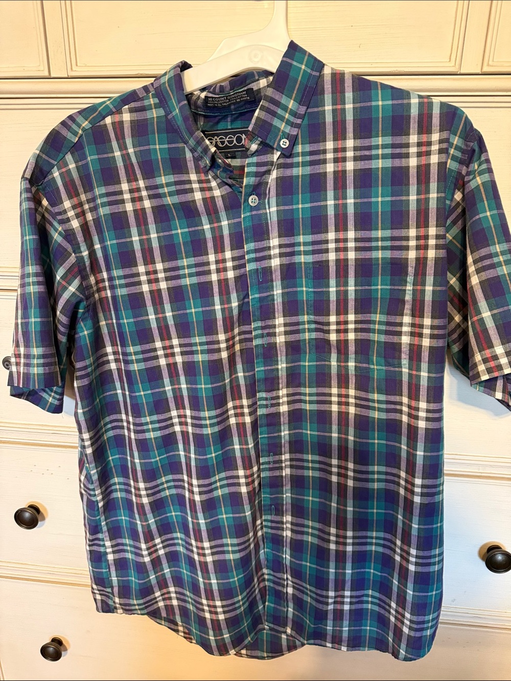 Vintage Sasson Jeans Short-Sleeve Plaid Button-Down in Teal, Purple & White